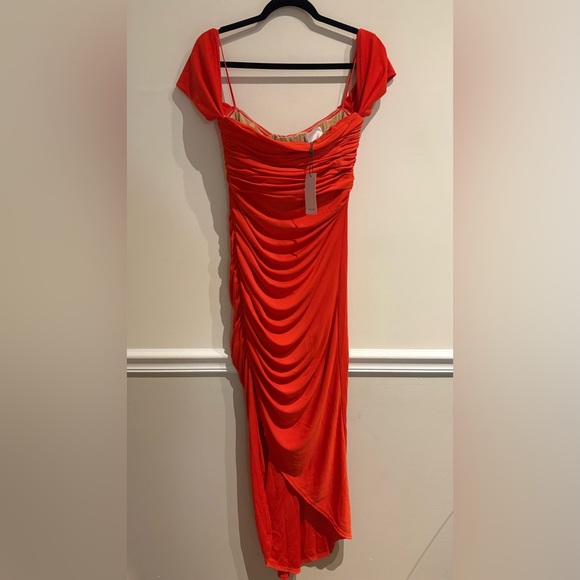 CINQ A SEPT NWT Delaney Off-Shoulder Ruched Midi Dress Burnt Orange Size 10 - Picture 7 of 13